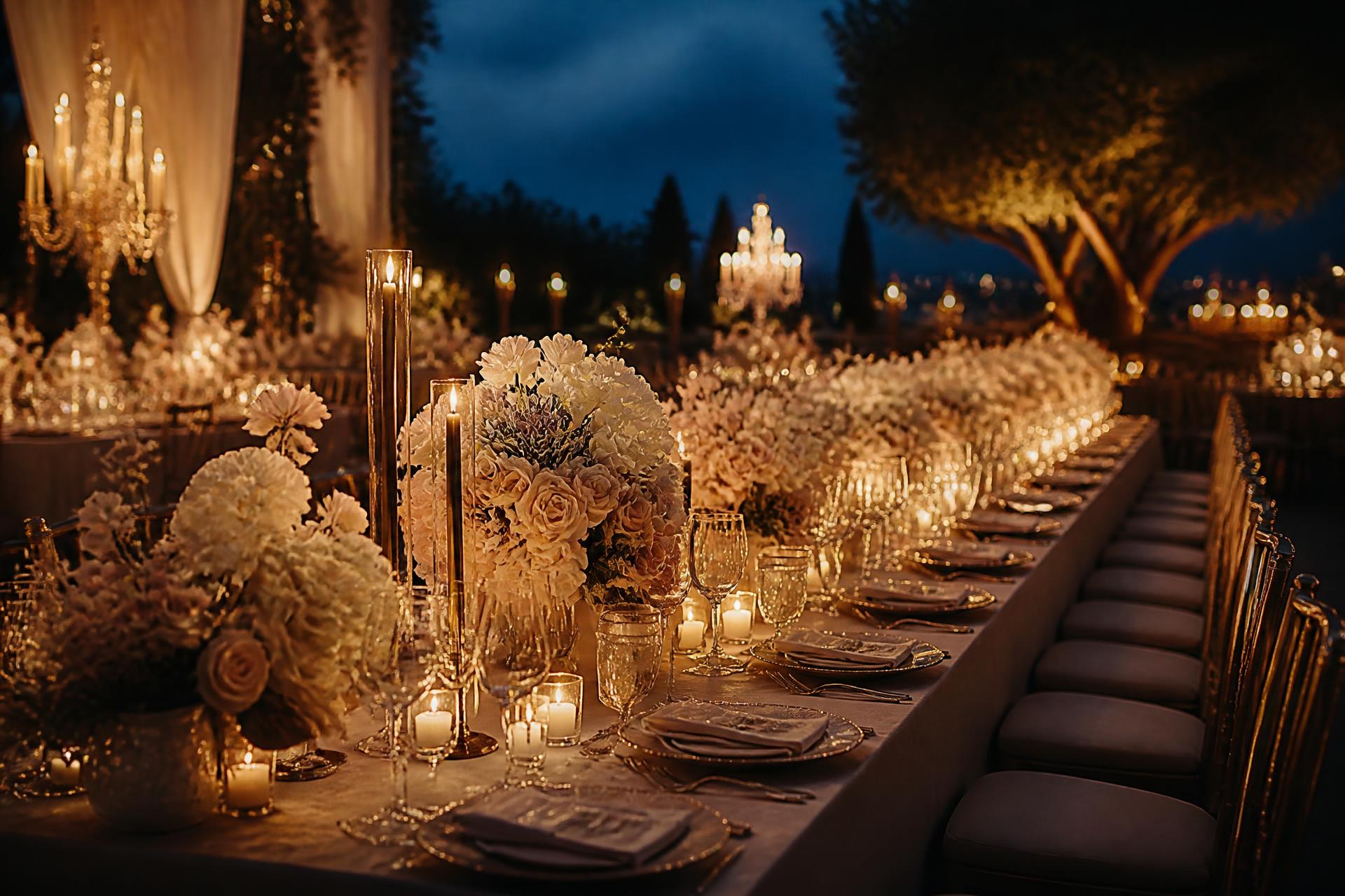 Elegant wedding reception at dusk
